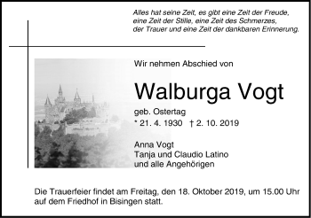 Traueranzeige von Walburga Vogt von Hohenzollerische Zeitung