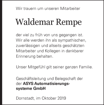 Traueranzeige von Waldemar Rempe von SÜDWEST PRESSE Ausgabe Ulm/Neu-Ulm