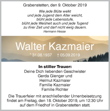 Traueranzeige von Walter Kazmeier von Metzinger-Uracher Volksblatt