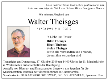 Traueranzeige von Walter Theisges von SÜDWEST PRESSE Ausgabe Ulm/Neu-Ulm