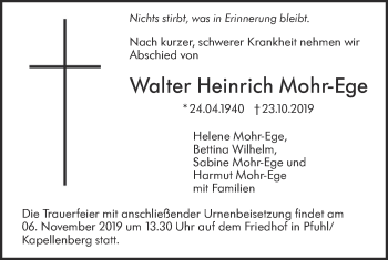 Traueranzeige von Walter Heinrich Mohr-Ege von SÜDWEST PRESSE Ausgabe Ulm/Neu-Ulm