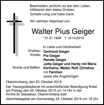 Traueranzeige von Walter Pius Geiger von SÜDWEST PRESSE Ausgabe Ulm/Neu-Ulm