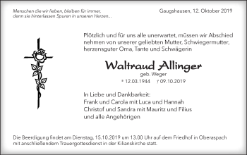 Traueranzeige von Waltraud Allinger von Haller Tagblatt