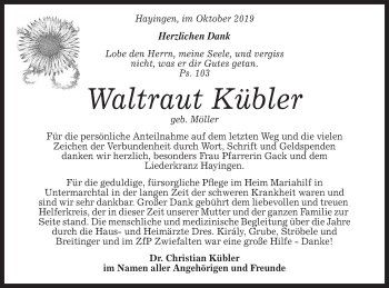 Traueranzeige von Waltraut Kübler von Alb-Bote/Metzinger-Uracher Volksblatt