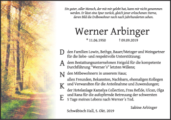 Traueranzeige von Werner Arbinger von Haller Tagblatt