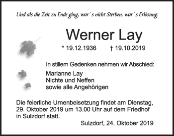 Traueranzeige von Werner Lay von Haller Tagblatt