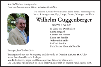 Traueranzeige von Wilhelm Guggenberger von SÜDWEST PRESSE Ausgabe Ulm/Neu-Ulm