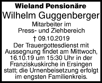 Traueranzeige von Wilhelm Guggenberger von SÜDWEST PRESSE Ausgabe Ulm/Neu-Ulm