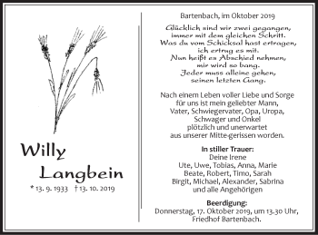 Traueranzeige von Willy Langbein von NWZ Neue Württembergische Zeitung