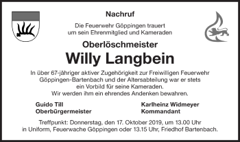 Traueranzeige von Willy Langbein von NWZ Neue Württembergische Zeitung