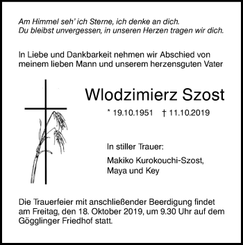 Traueranzeige von Wlodzimierz Szost von SÜDWEST PRESSE Ausgabe Ulm/Neu-Ulm