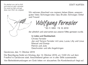 Traueranzeige von Wolfgang Fernsler von Hohenloher Tagblatt