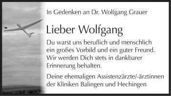 Traueranzeige von Wolfgang Grauer von Hohenzollerische Zeitung