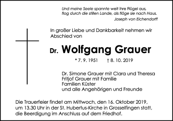 Traueranzeige von Wolfgang Grauer von Hohenzollerische Zeitung