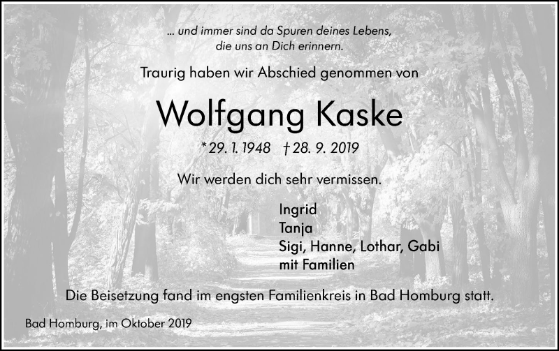  Traueranzeige für Wolfgang Kaske vom 24.10.2019 aus Hohenloher Tagblatt