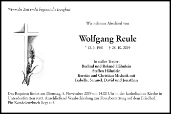 Traueranzeige von Wolfgang Reule von Hohenloher Tagblatt