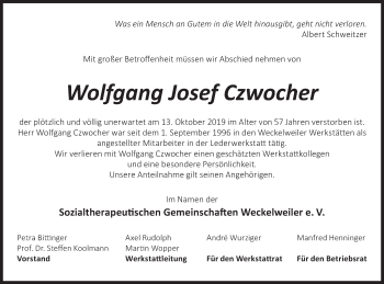 Traueranzeige von Wolfgang Josef Czwocher von Hohenloher Tagblatt