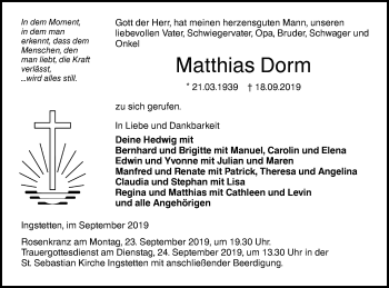 Traueranzeige von Matthias Dorn von SÜDWEST PRESSE