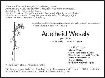 Traueranzeige von Adelheid Wesely von Hohenloher Tagblatt