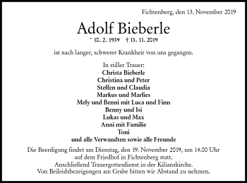 Traueranzeige von Adolf Bieberle von Rundschau Gaildorf