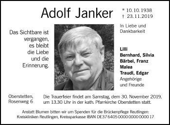 Traueranzeige von Adolf Janker von Alb-Bote/Metzinger-Uracher Volksblatt