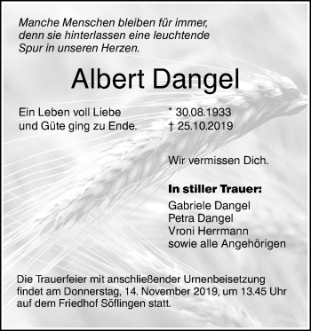 Traueranzeige von Albert Dangel von SÜDWEST PRESSE Ausgabe Ulm/Neu-Ulm