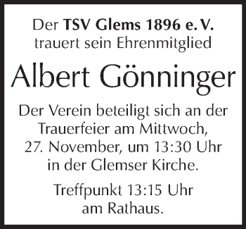 Traueranzeige von Albert Gönninger von Metzinger-Uracher Volksblatt