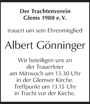 Traueranzeige von Albert Gönninger von Metzinger-Uracher Volksblatt