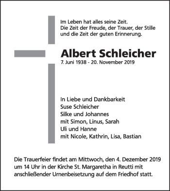 Traueranzeige von Albert Schleicher von SÜDWEST PRESSE Ausgabe Ulm/Neu-Ulm