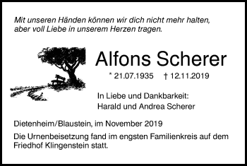 Traueranzeige von Alfons Scherer von SÜDWEST PRESSE Ausgabe Ulm/Neu-Ulm