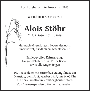 Traueranzeige von Alois Stöhr von NWZ Neue Württembergische Zeitung