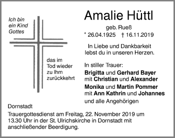 Traueranzeige von Amalie Hüttl von SÜDWEST PRESSE Ausgabe Ulm/Neu-Ulm