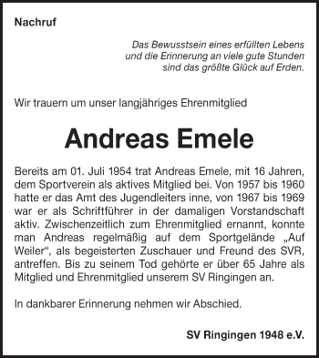 Traueranzeige von Andreas Emele von Hohenzollerische Zeitung