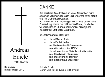 Traueranzeige von Andreas Emele von Hohenzollerische Zeitung