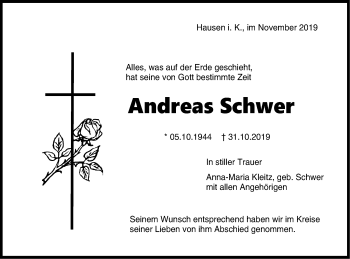 Traueranzeige von Andreas Schwer von Hohenzollerische Zeitung