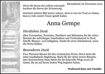 Traueranzeige von Anna Gempe von Rundschau Gaildorf