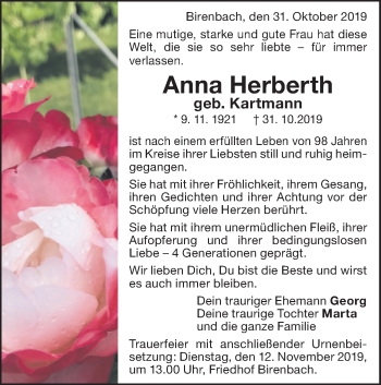 Traueranzeige von Anna Herberth von NWZ Neue Württembergische Zeitung