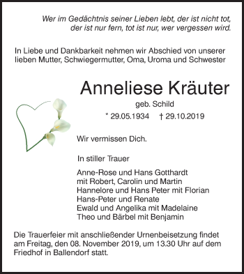 Traueranzeige von Anneliese Kräuter von SÜDWEST PRESSE Ausgabe Ulm/Neu-Ulm