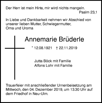 Traueranzeige von Annemarie Brüderle von SÜDWEST PRESSE Ausgabe Ulm/Neu-Ulm