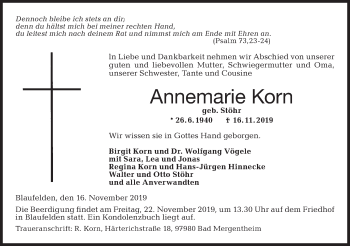 Traueranzeige von Annemarie Korn von Hohenloher Tagblatt