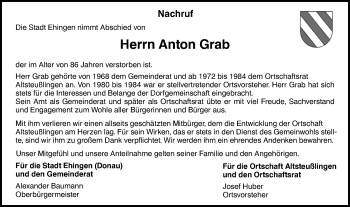 Traueranzeige von Anton Grab von Ehinger Tagblatt