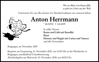 Traueranzeige von Anton Herrmann von SÜDWEST PRESSE Ausgabe Ulm/Neu-Ulm