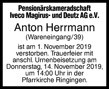 Traueranzeige von Anton Herrmann von SÜDWEST PRESSE Ausgabe Ulm/Neu-Ulm