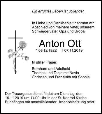 Traueranzeige von Anton Ott von SÜDWEST PRESSE Ausgabe Ulm/Neu-Ulm