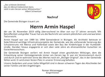 Traueranzeige von Armin Haspel von Hohenzollerische Zeitung