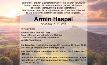 Traueranzeige von Armin Haspel von Hohenzollerische Zeitung