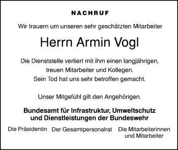 Traueranzeige von Armin Vogl von SÜDWEST PRESSE Ausgabe Ulm/Neu-Ulm