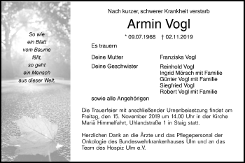 Traueranzeige von Armin Vogl von SÜDWEST PRESSE Ausgabe Ulm/Neu-Ulm