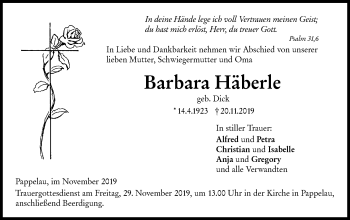 Traueranzeige von Barbara Häberle von SÜDWEST PRESSE Ausgabe Ulm/Neu-Ulm