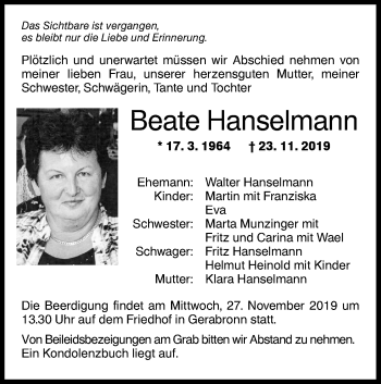 Traueranzeige von Beate Hanselmann von Hohenloher Tagblatt